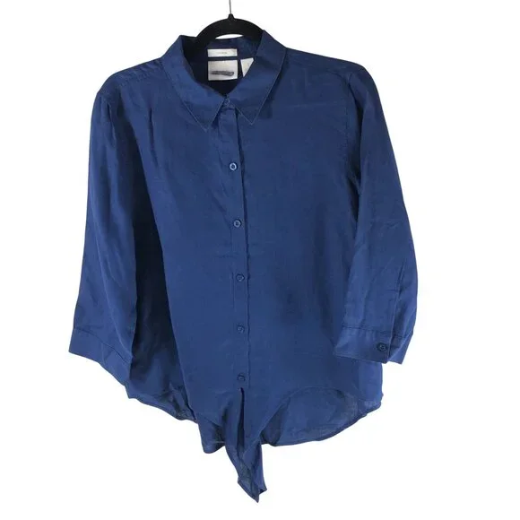 Chicos Button Up Shirt Effortless Linen 3/4 Sleeve Tie Waist Blue Size 1 US M - Picture 1 of 5